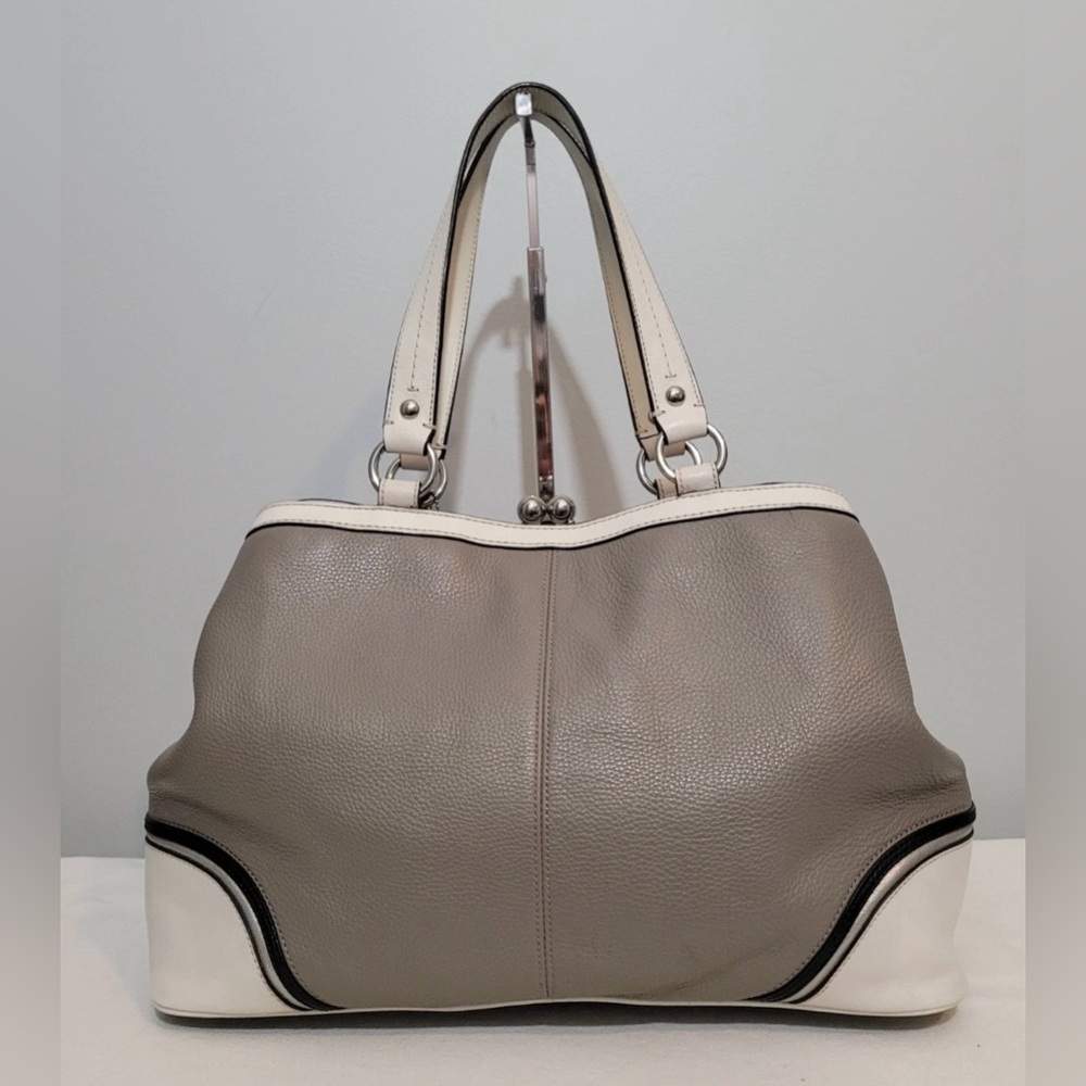 Coach Laura Spectator Satchel Tote Bag Gray White Leather 3 Compartments - Picture 3 of 16